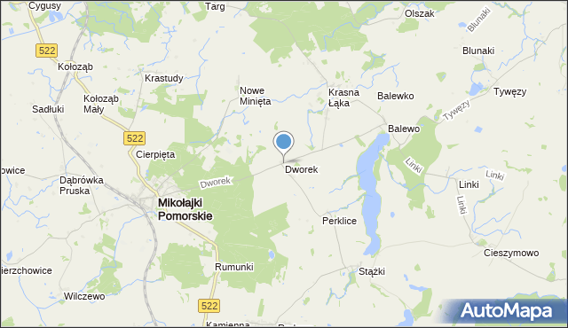 mapa Dworek, Dworek gmina Mikołajki Pomorskie na mapie Targeo